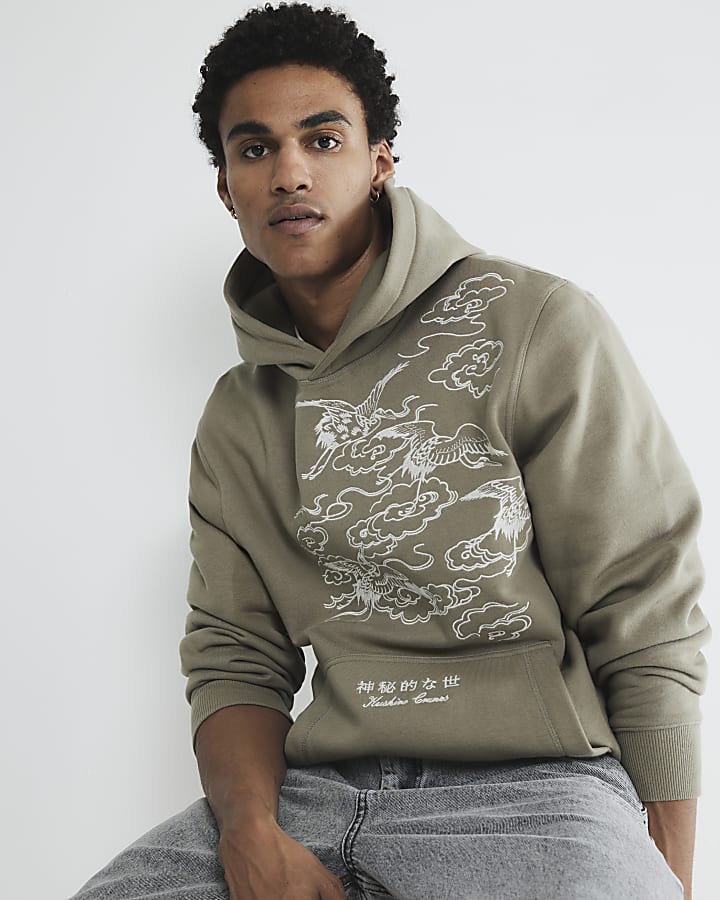 Khaki Regular Fit Crane Embroidery Hoodie