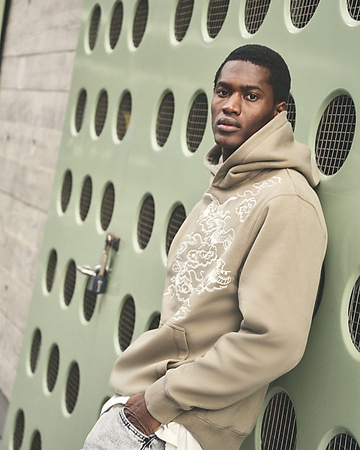 Khaki Regular Fit Crane Embroidery Hoodie