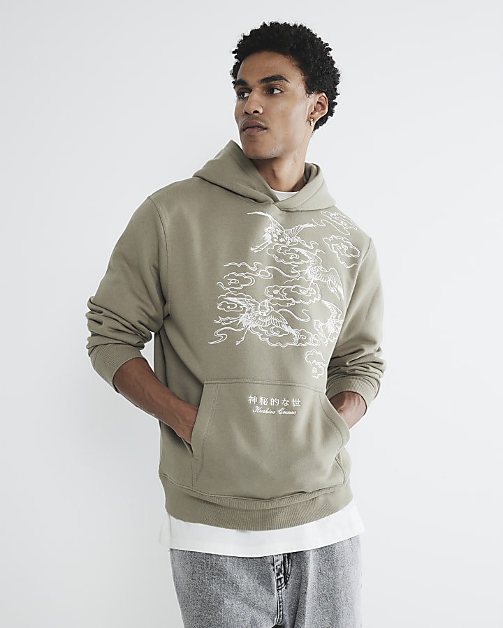 Khaki Regular Fit Crane Embroidery Hoodie