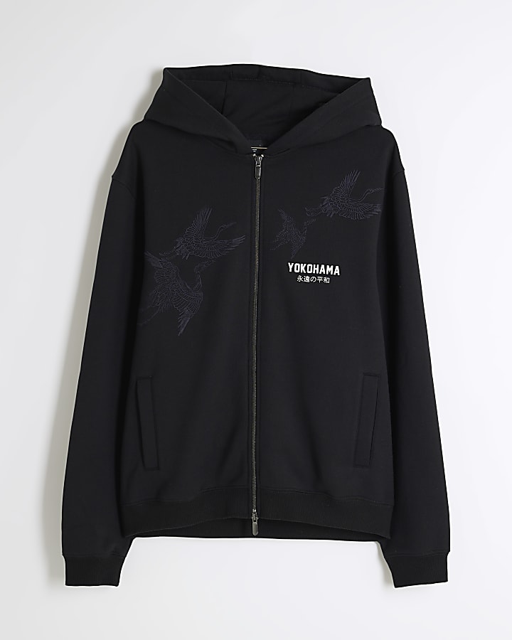 Black Regular Fit Yokohama Zip Hoodie