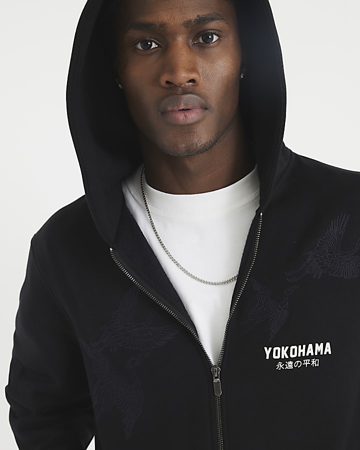 Black Regular Fit Yokohama Zip Hoodie