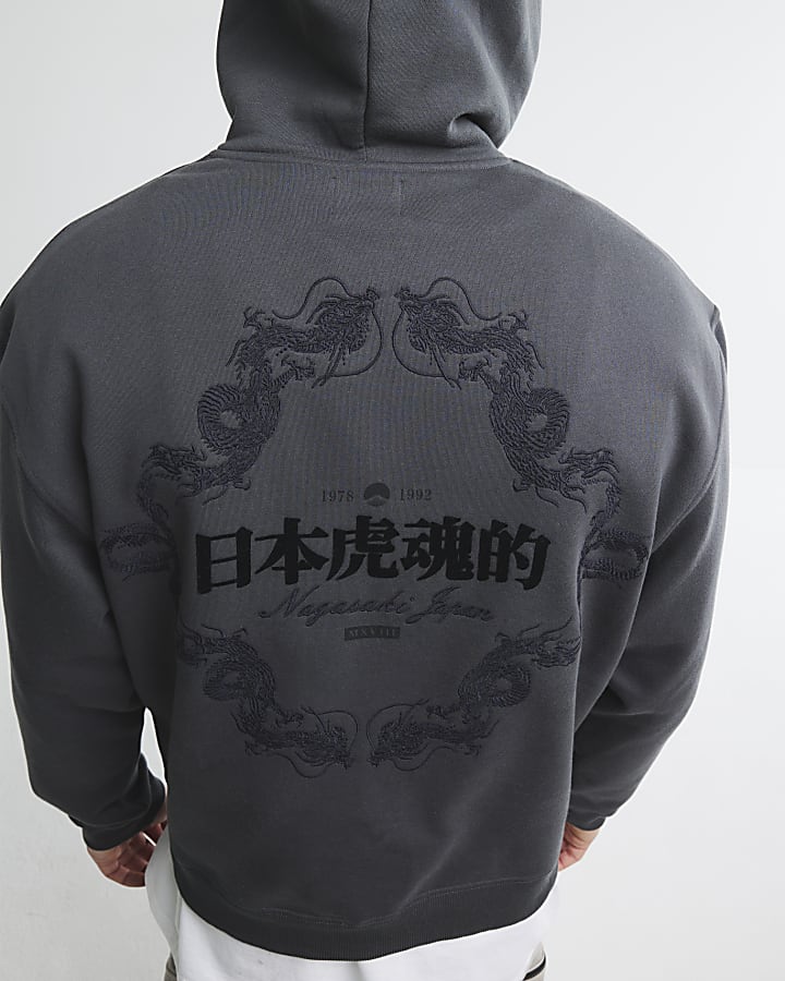 Grey Long Sleeve Oversized Dragon Hoodie