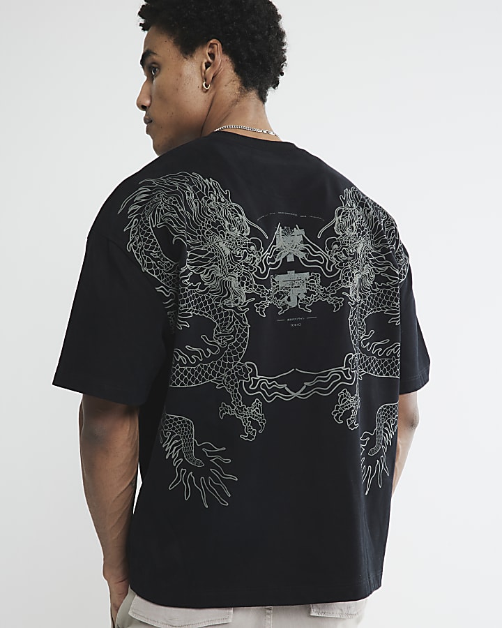 Black Oversized Flock Dragon Tee