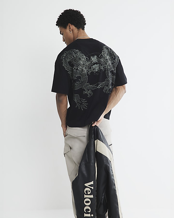 Black Oversized Flock Dragon Tee