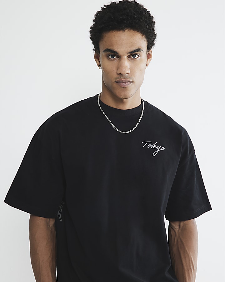 Black Oversized Flock Dragon Tee