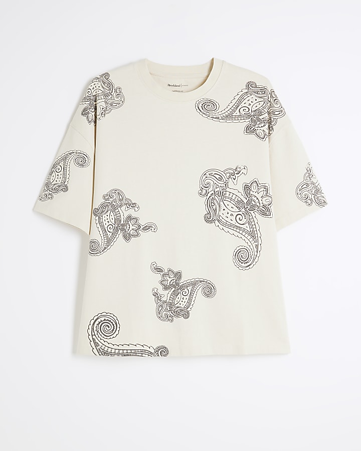 Beige Short Sleeve Paisley T-Shirt