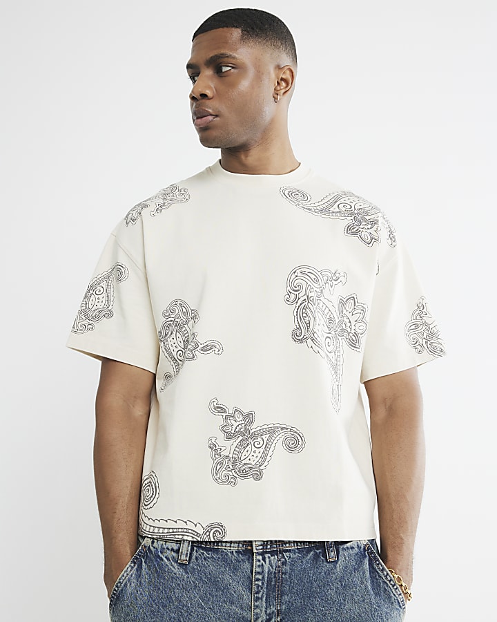 Beige Short Sleeve Paisley T-Shirt