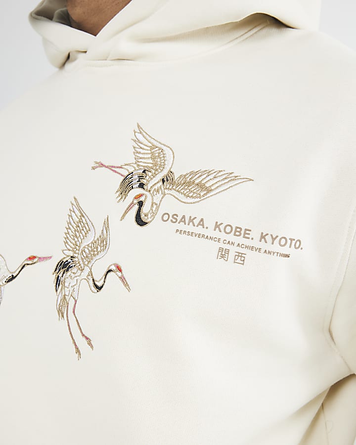 Beige Regular Fit Crane Embroidery Hoodie