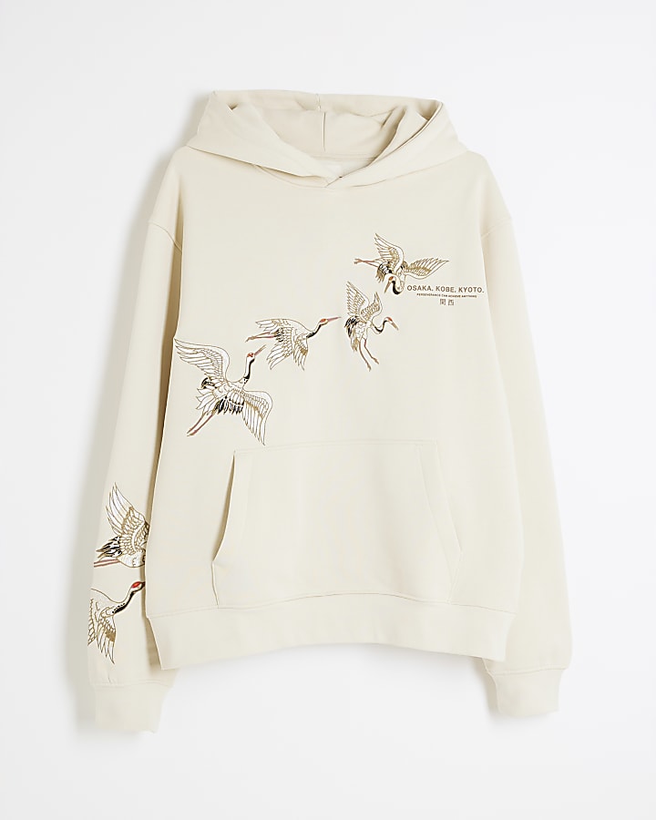 Beige Regular Fit Crane Embroidery Hoodie