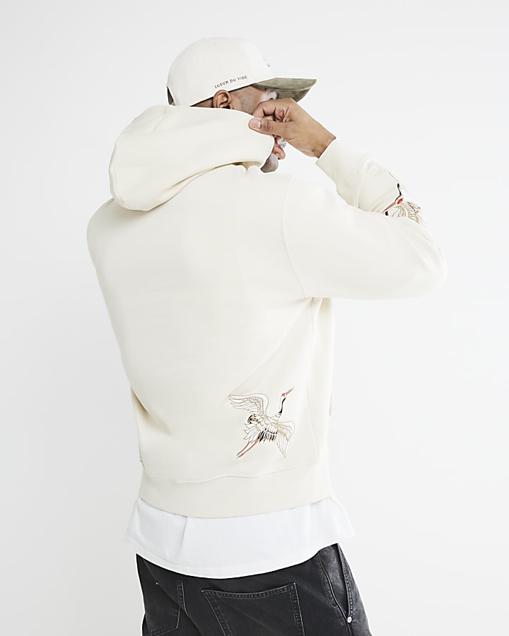 Beige Regular Fit Crane Embroidery Hoodie