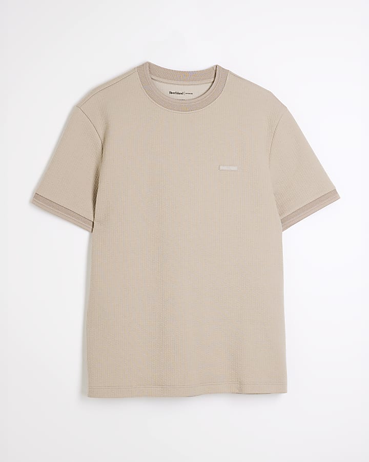 Beige Slim Fit Quilted RI Badge T-Shirt