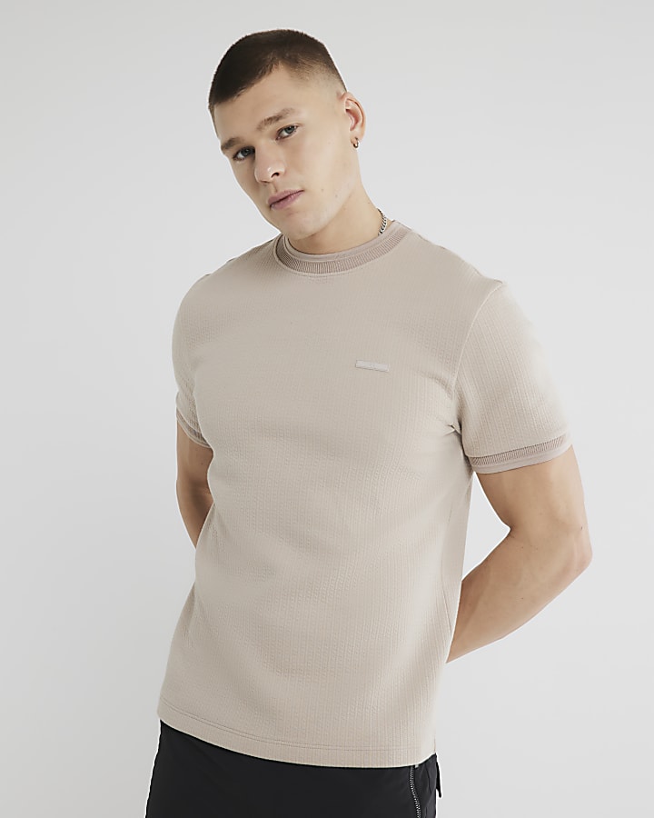Beige Slim Fit Quilted RI Badge T-Shirt