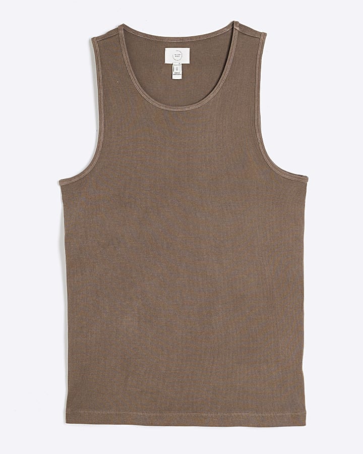 Brown Muscle Fit Ribbed Washed Vest