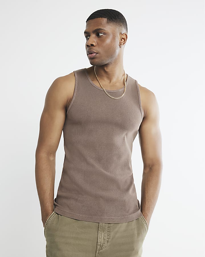 Brown Muscle Fit Ribbed Washed Vest