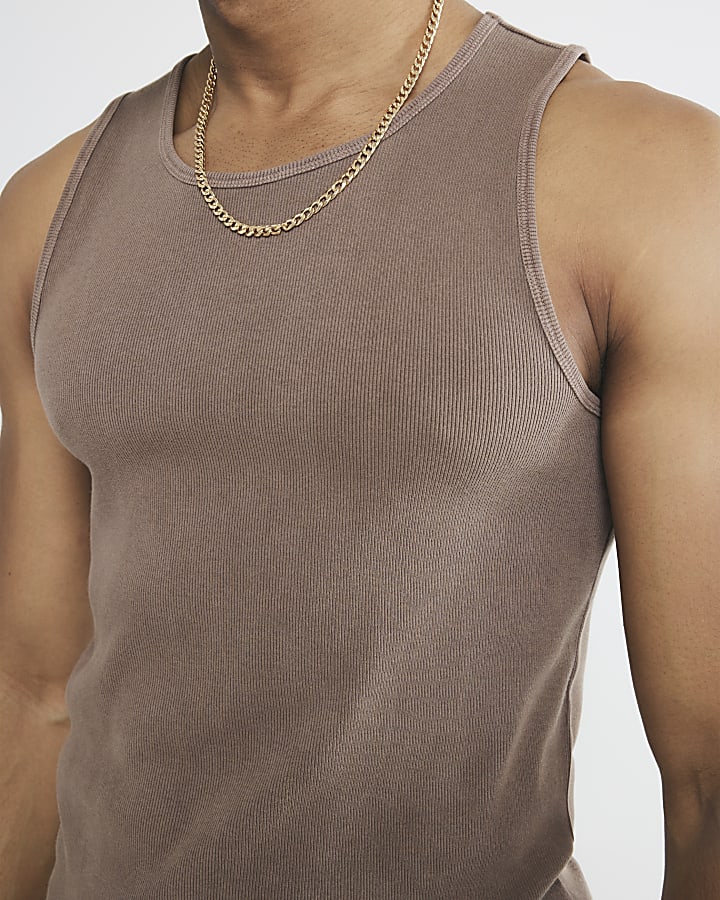 Brown Muscle Fit Ribbed Washed Vest