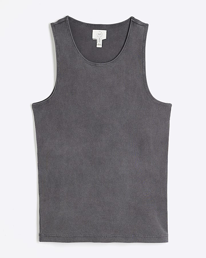 Black Muscle Fit Ribbed Washed Vest