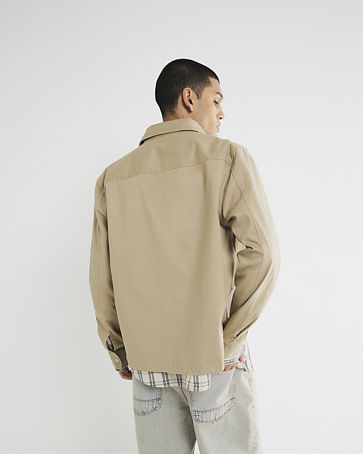 Beige Regular Fit Zipped Overshirt