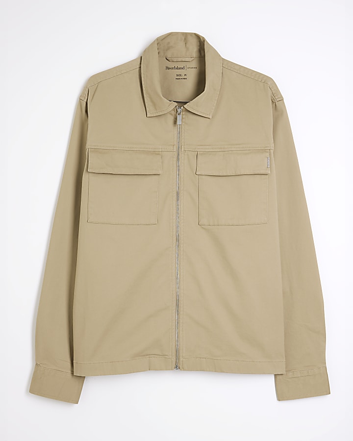 Beige Regular Fit Zipped Overshirt