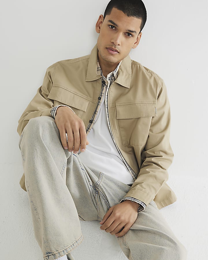 Beige Regular Fit Zipped Overshirt