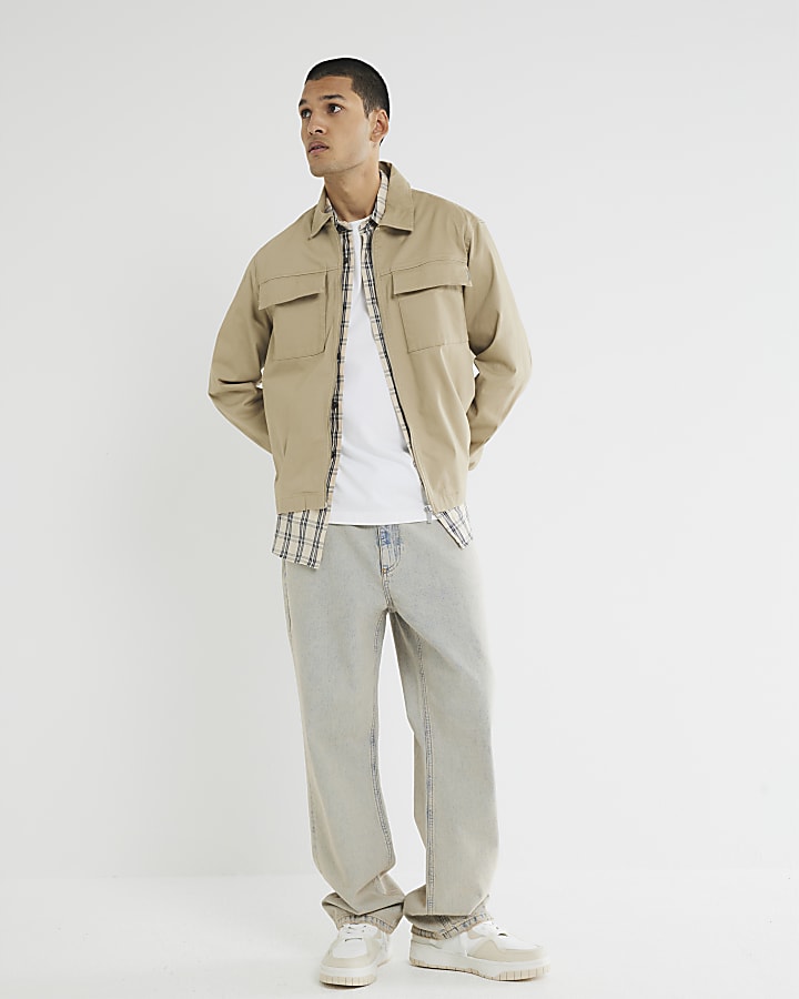 Beige Regular Fit Zipped Overshirt
