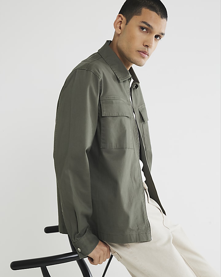 Khaki Regular Fit Zipped Overshirt