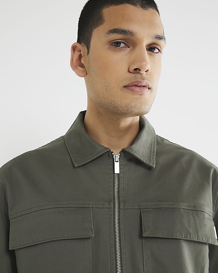 Khaki Regular Fit Zipped Overshirt