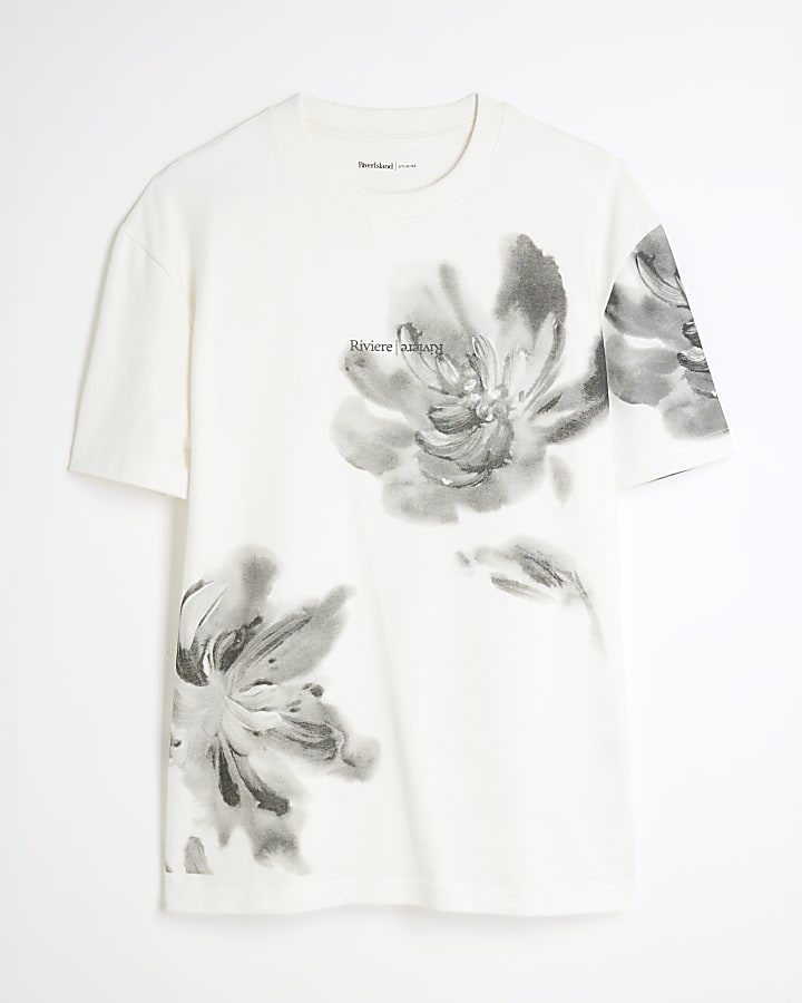 Beige Regular Fit Floral Monochrome T-Shirt