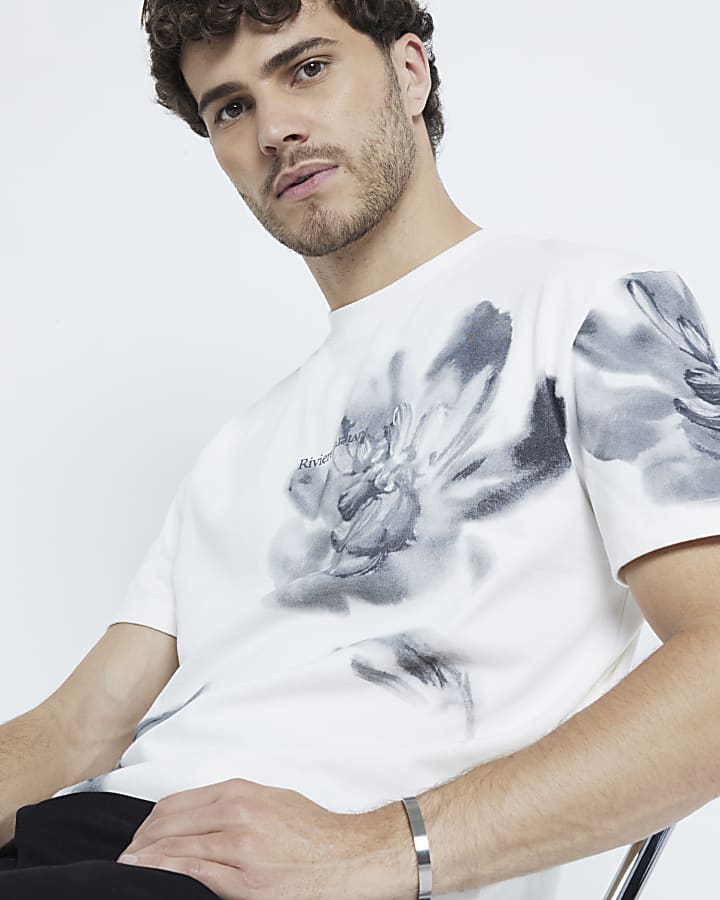 Beige Regular Fit Floral Monochrome T-Shirt