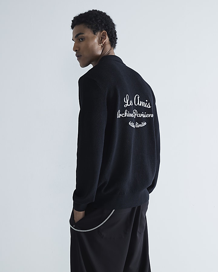 Black Mesh Embroidery Les Amis Knit Shirt