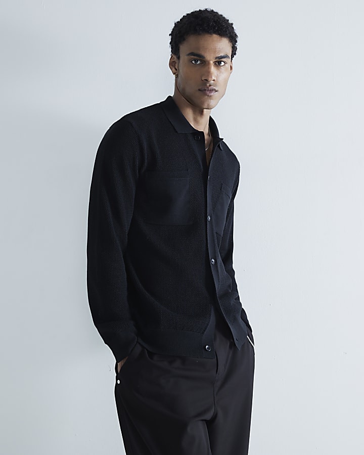 Black Mesh Embroidery Les Amis Knit Shirt