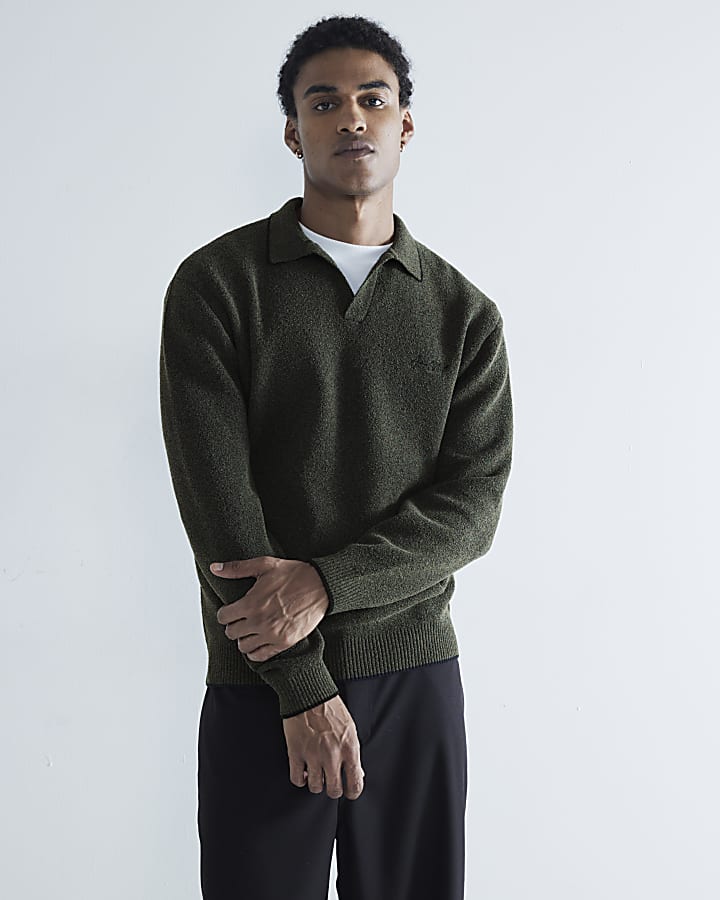 Khaki Regular Fit Boucle Open Collar Jumper