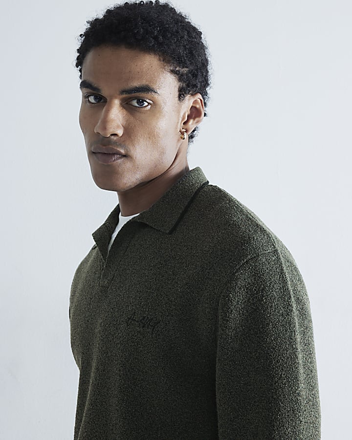 Khaki Regular Fit Boucle Open Collar Jumper