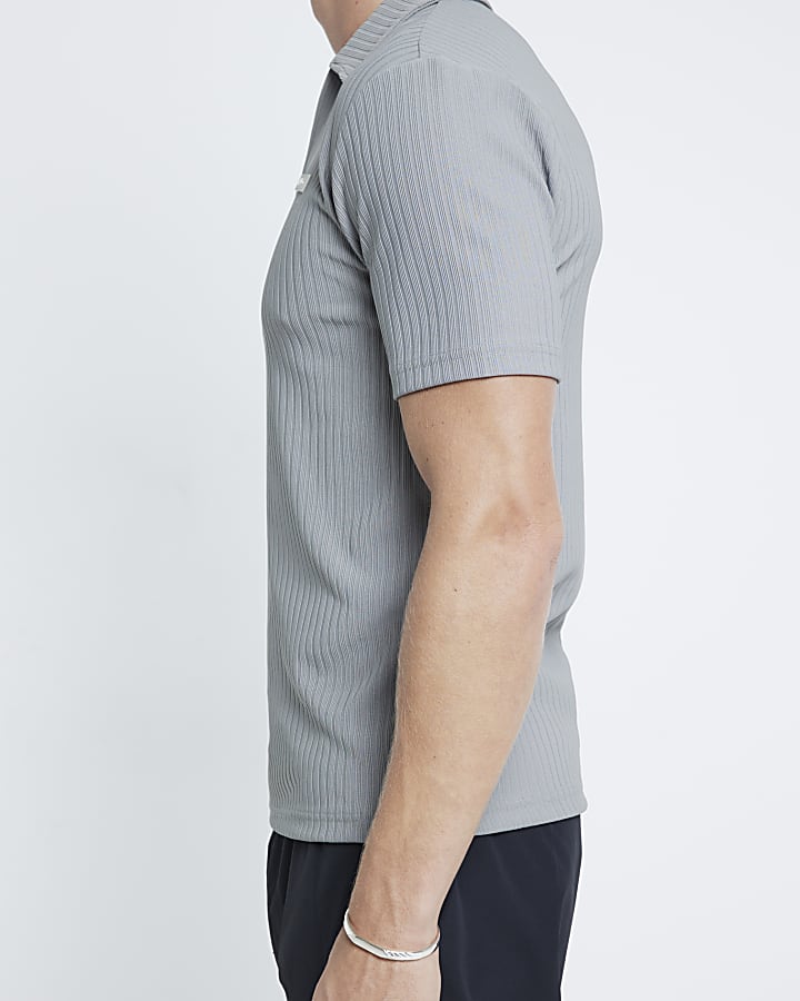 Grey Muscle Fit Ribbed Open Neck Polo Shirt