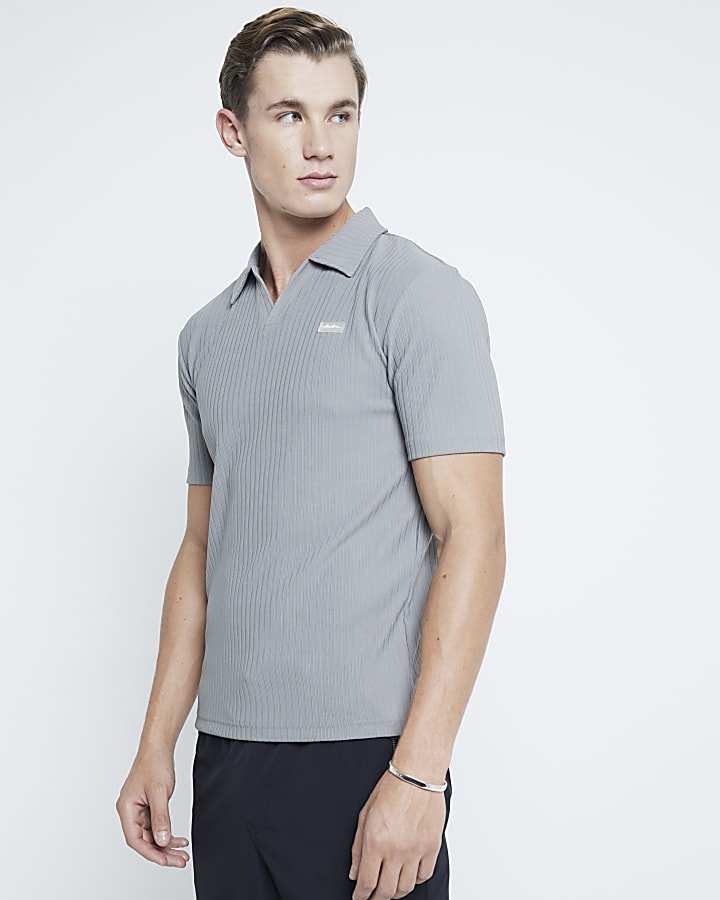 Grey Muscle Fit Ribbed Open Neck Polo Shirt