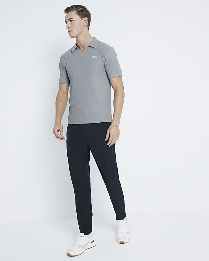 Grey Muscle Fit Ribbed Open Neck Polo Shirt River Island