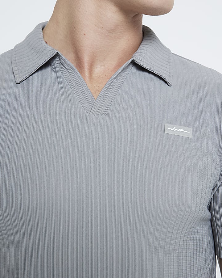 Grey Muscle Fit Ribbed Open Neck Polo Shirt