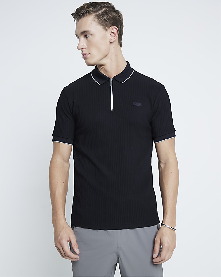 Black Muscle Fit Ribbed Tipped Polo Shirt