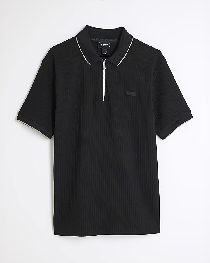 Black Muscle Fit Ribbed Tipped Polo Shirt