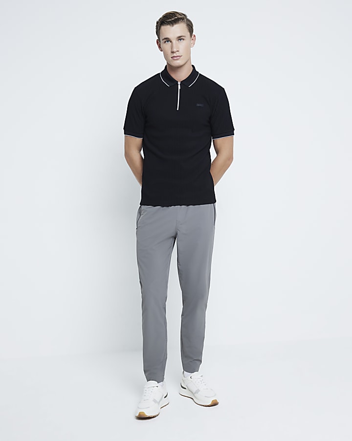 Black Muscle Fit Ribbed Tipped Polo Shirt