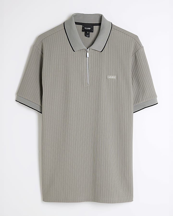 Grey Muscle Fit Ribbed Tipped Polo Shirt