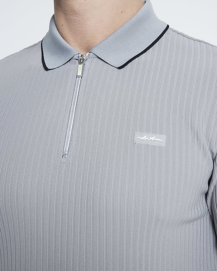 Grey Muscle Fit Ribbed Tipped Polo Shirt