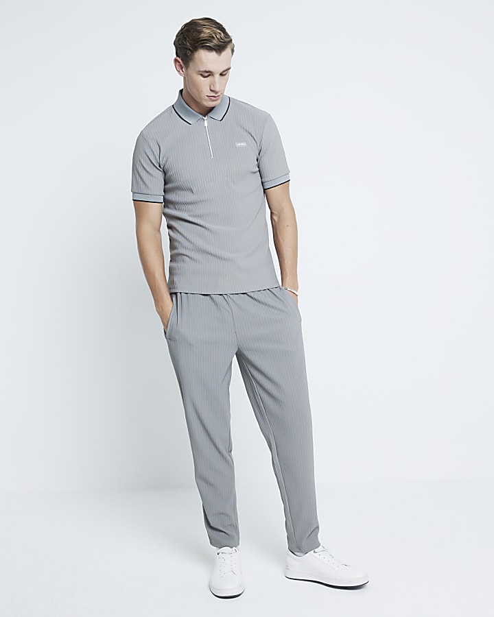 Grey Muscle Fit Ribbed Tipped Polo Shirt