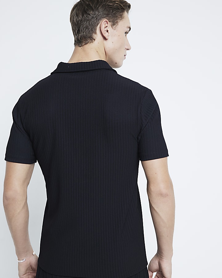 Black Muscle Fit Ribbed Open Neck Polo Shirt