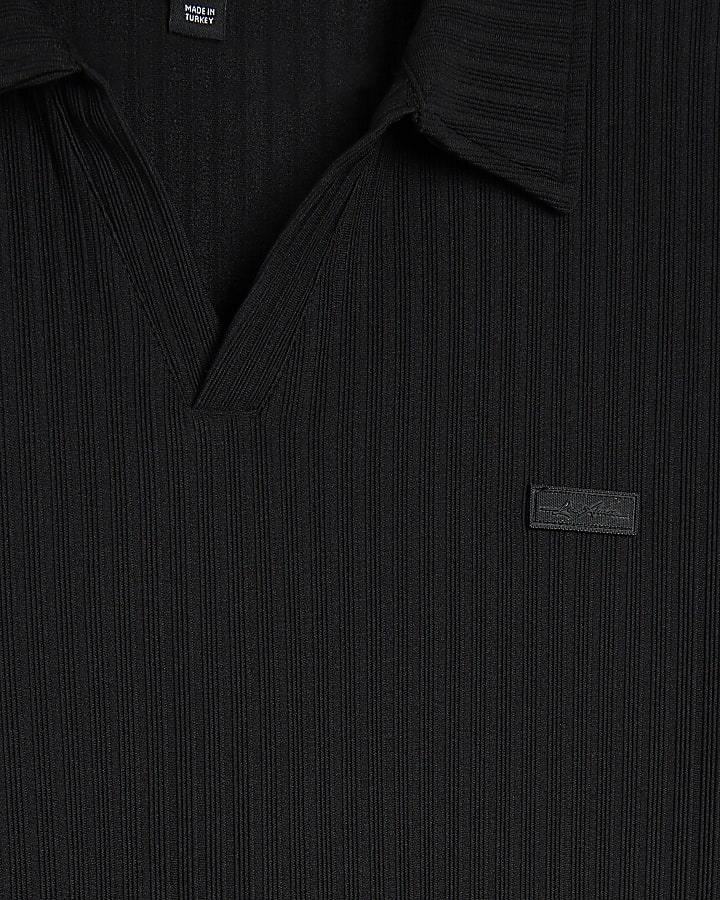 Black Muscle Fit Ribbed Open Neck Polo Shirt