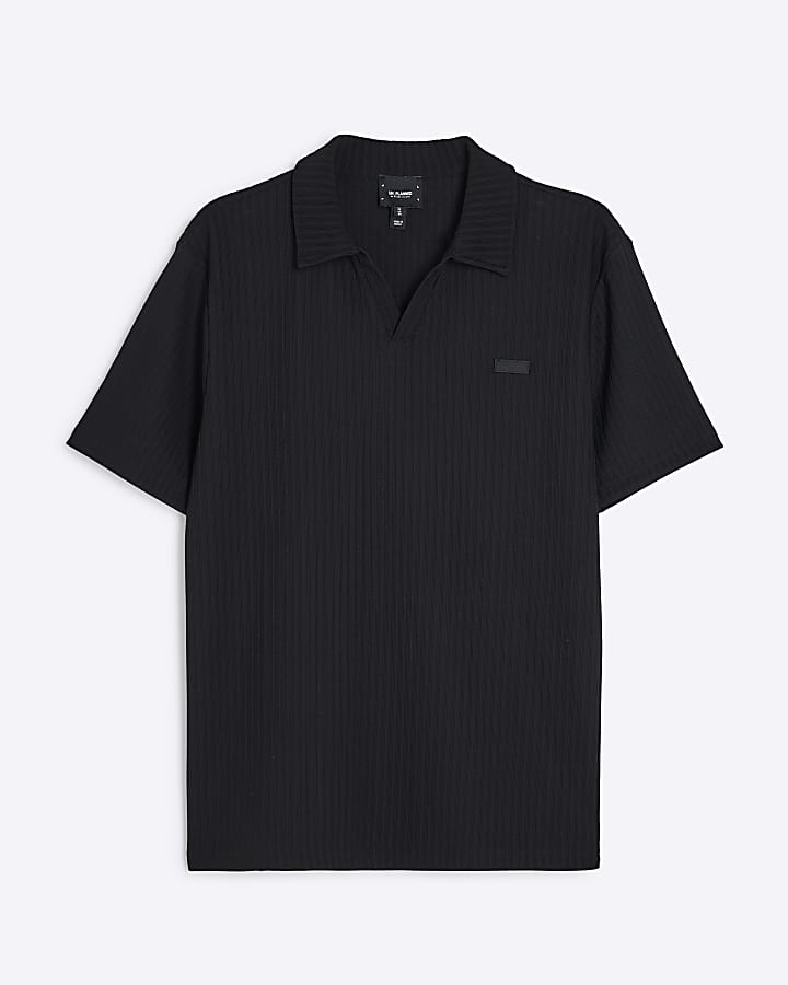 Black Muscle Fit Ribbed Open Neck Polo Shirt