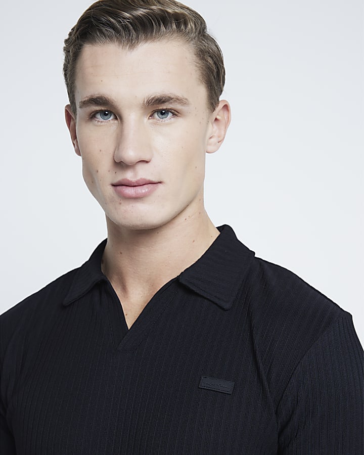 Black Muscle Fit Ribbed Open Neck Polo Shirt