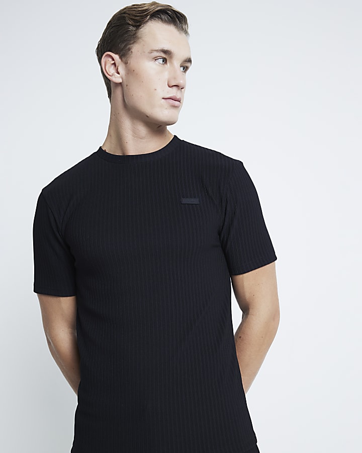 Black Muscle Fit Ribbed T-Shirt