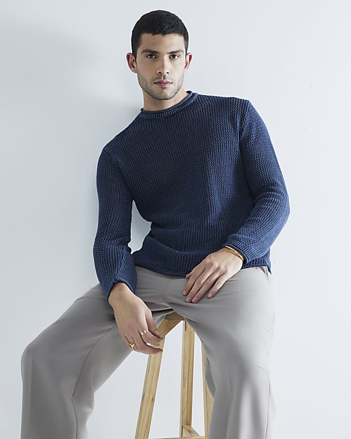 Navy Knit Washed Jumper