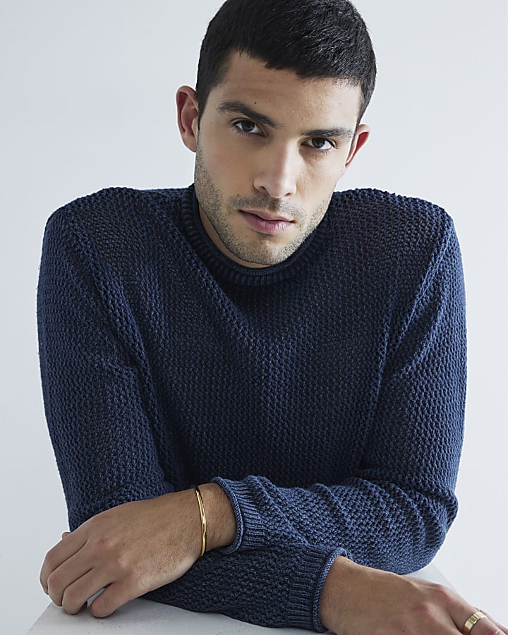 Navy Knit Washed Jumper