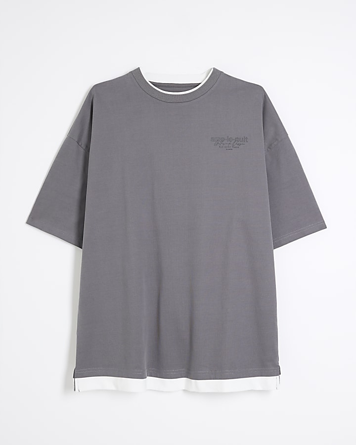 Grey Boxy Fit Double Layer Print T-Shirt